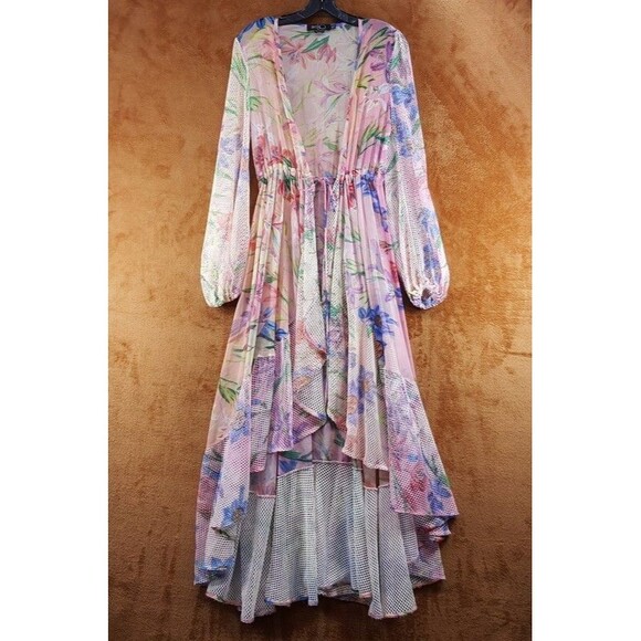 PATBO Womens Dress XS Pink Iris Floral Crochet Robe Tie Front Cascading Sheer - Picture 2 of 14